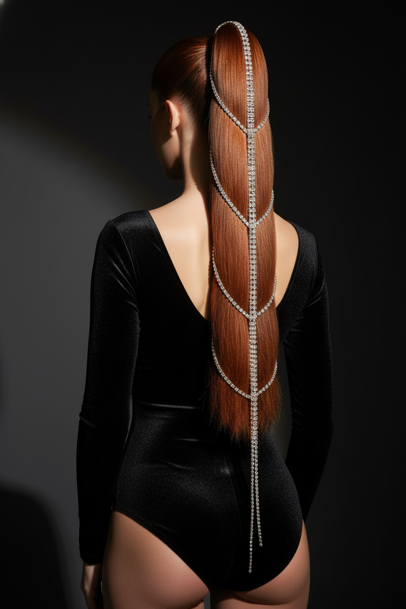 Back view of a high, straight ponytail with long rhinestone chains intertwined with the hair strands, model wearing a black velvet bodysuit, spotlight effect, sleek and powerful luxury look.
