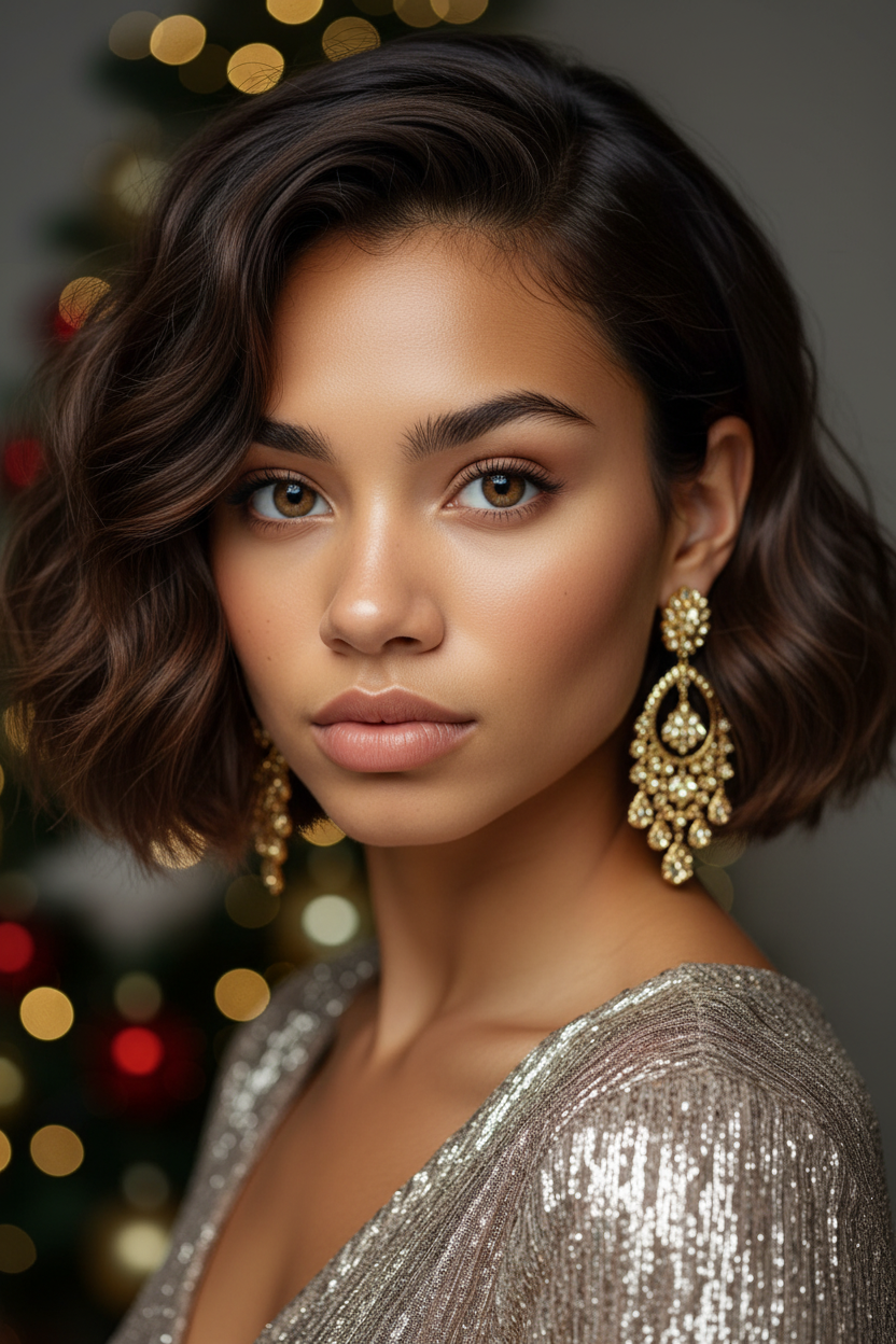 Close-up of a brunette woman with a voluminous, chin-length Italian Bob, blow-dried with bouncy ends, wearing luxe gold earrings for a holiday party look.