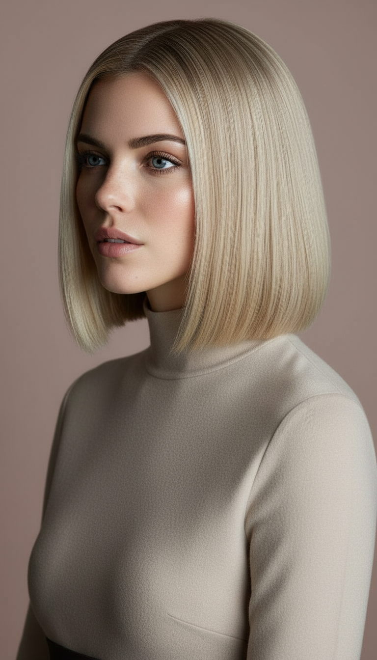 Side view of a poker-straight, shoulder-grazing Lob (Long Bob) with a high-shine glass hair finish, sharp blunt ends, sleek winter hairstyle trend 2026.