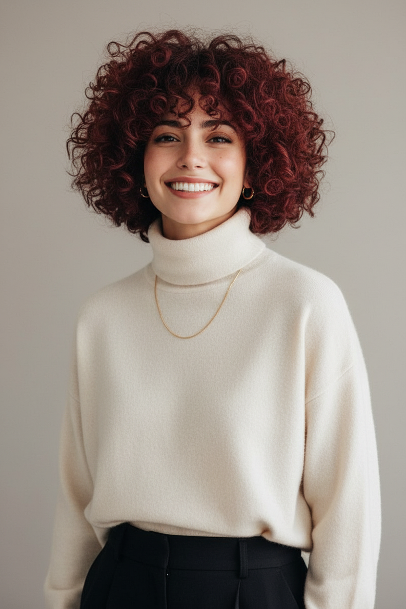 Woman with defined, voluminous natural curls styled in a rounded Baroque Bob, artistic and romantic short hairstyle for curly hair, vintage aesthetic.