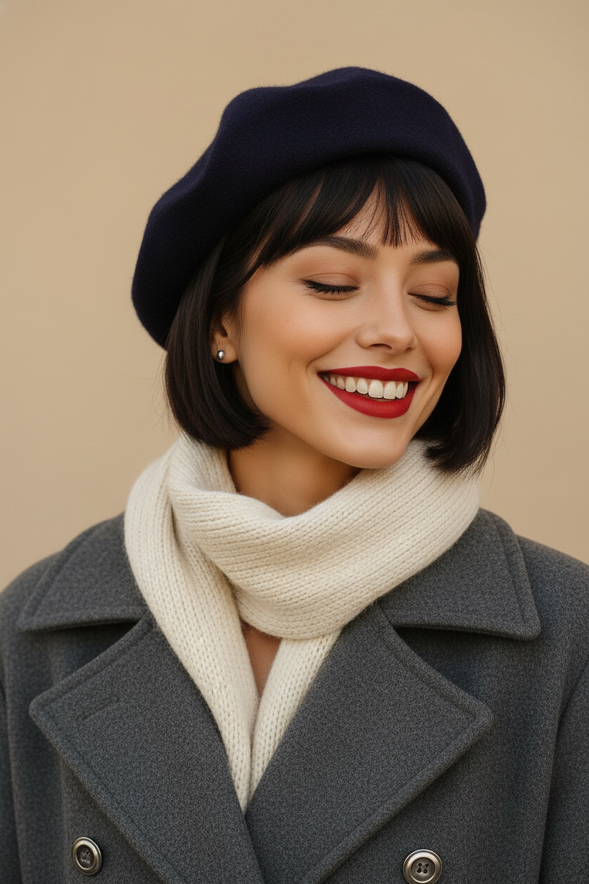 Profile view of a very short French Bob cut at the cheekbone with micro bangs, dark hair color, wearing a beret and scarf, classic Parisian winter style.