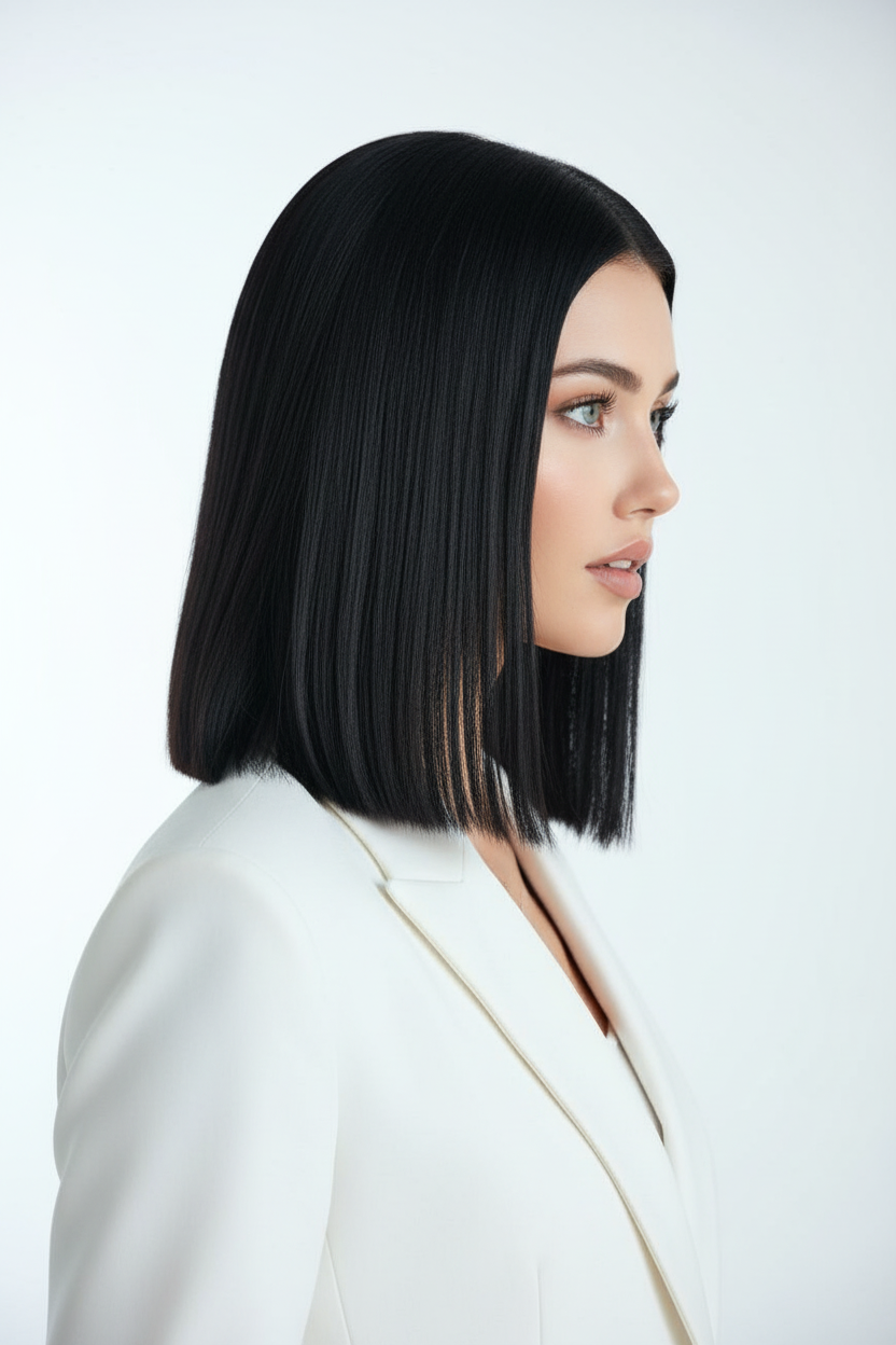 Side profile of a model with shoulder-length, poker-straight black hair with a glass-hair finish, blunt ends, wearing a sharp white tuxedo suit, minimalist studio lighting, sleek winter 2025 aesthetic.