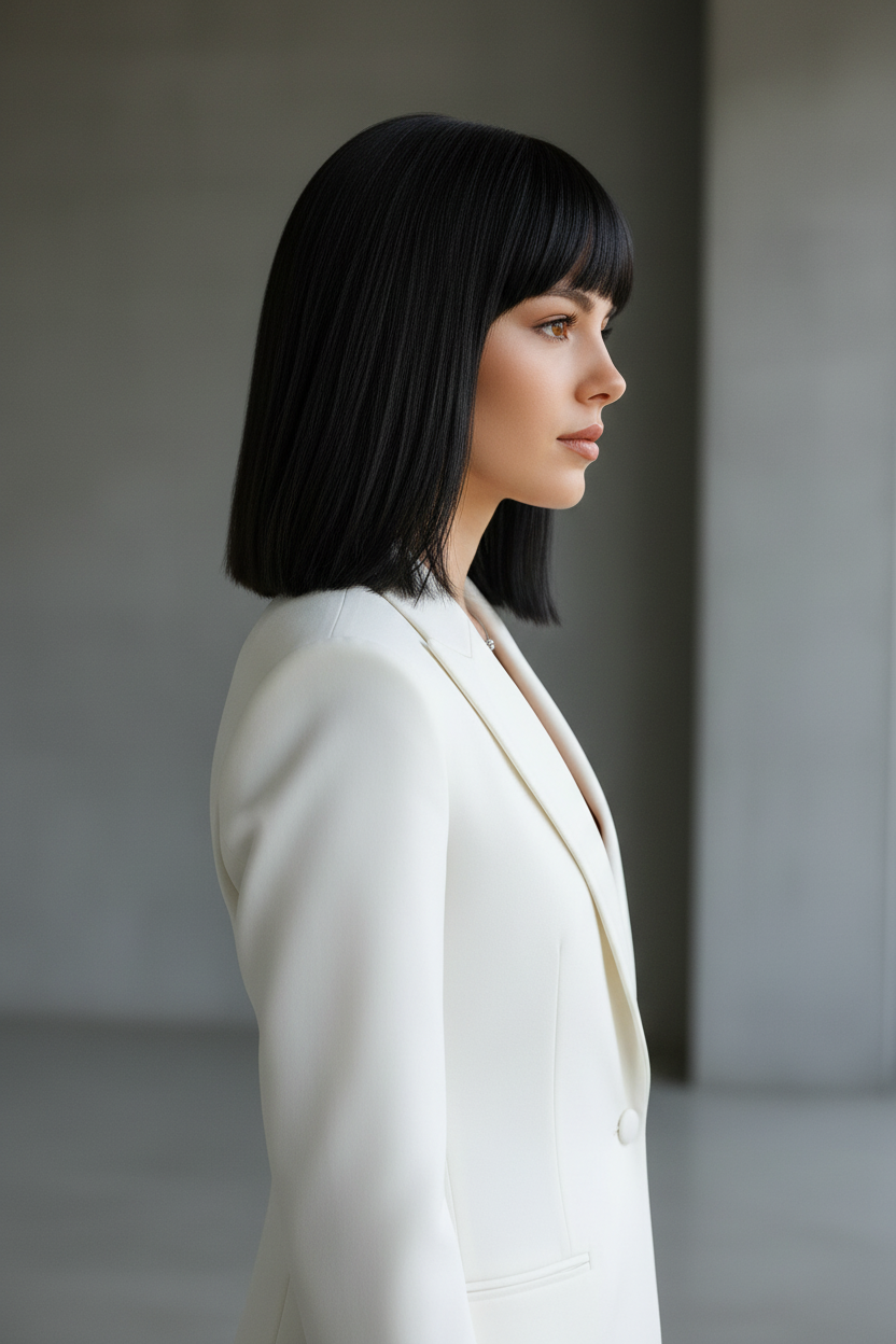 Front view of a woman with medium straight brunette hair, heavy face-framing layers blown out with inward curled ends (beveled), wearing a beige cashmere turtleneck, soft luxury editorial style.
