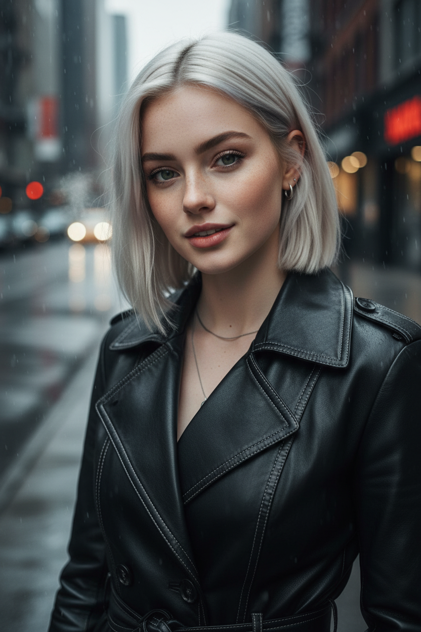 Edgy model with a collarbone-length straight lob, textured razor-cut ends, platinum blonde color, wearing a leather trench coat, urban winter street style background, cool toned lighting.