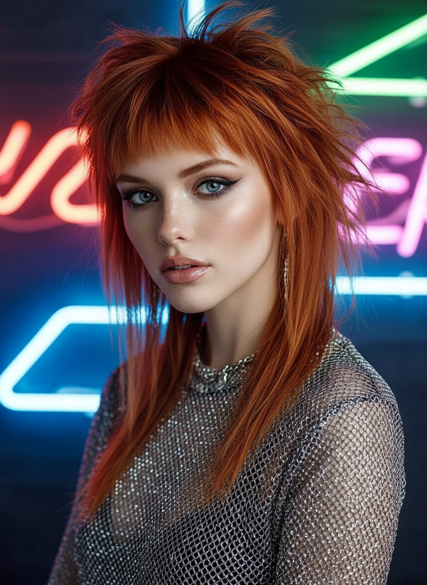Close-up of a model with medium straight hair featuring choppy, spiky layers, Y2K aesthetic, wearing a metallic mesh top, neon lighting accents, bold makeup, trendy Winter 2025 vibe.