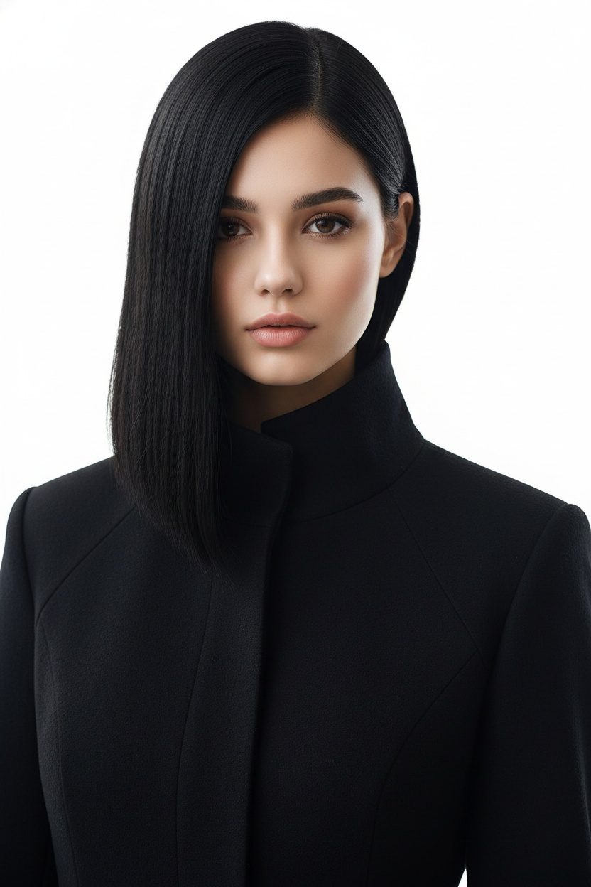 Artistic portrait of a woman with an asymmetric medium straight haircut, deep side part, jet black hair, wearing a high-collar architectural coat, stark white background, high-contrast fashion photography.