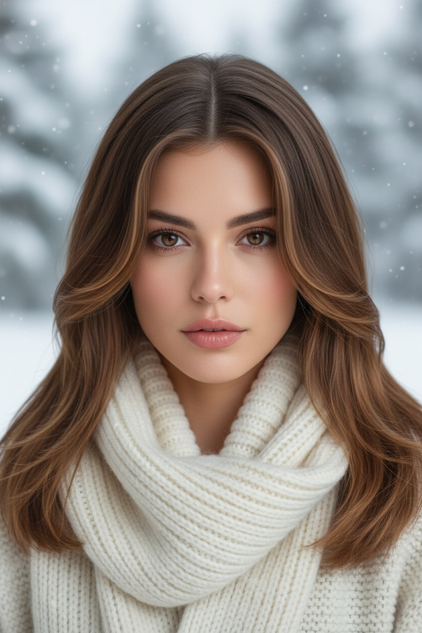 Front view of a model with straight medium hair and extensive feathered layers around the face, light brown balayage, soft focus, winter daylight, model wearing a cozy white scarf.