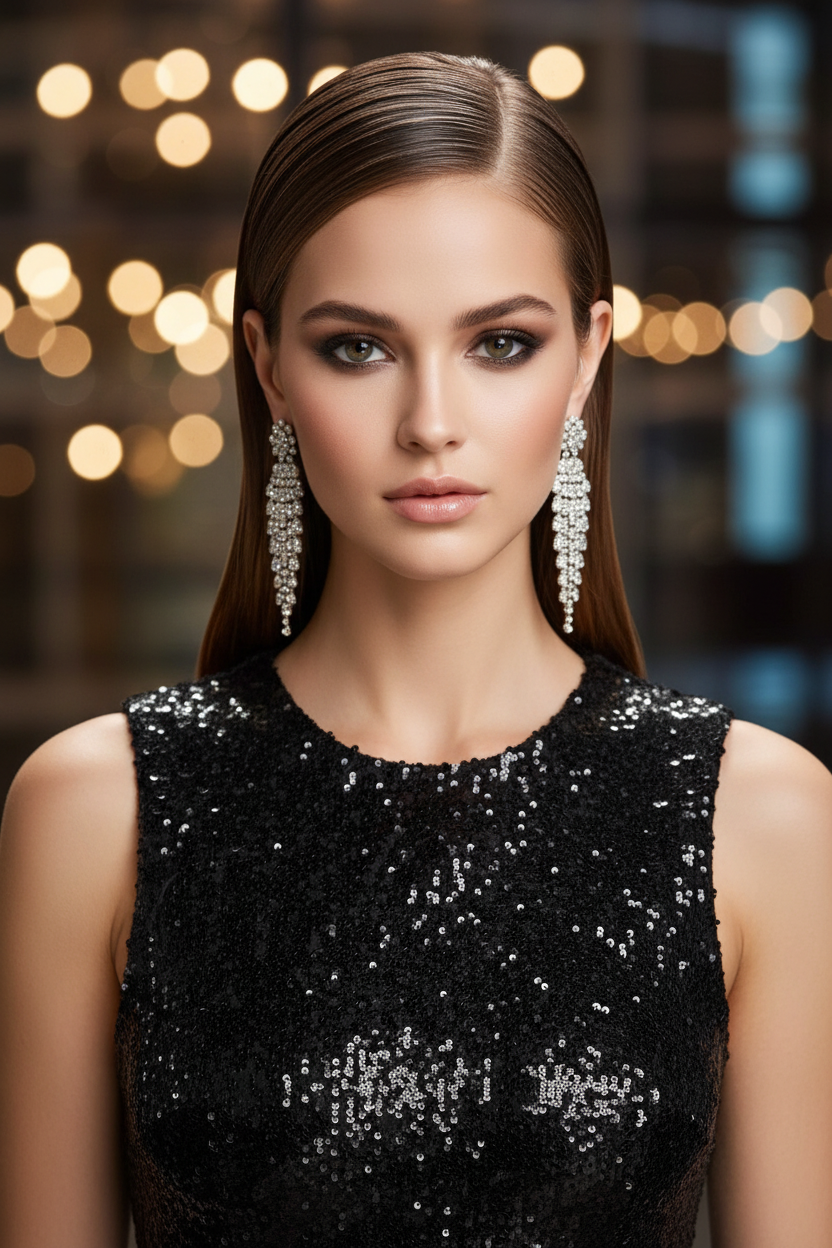 Editorial shot of a model with a wet-look straight hairstyle, hair combed back with visible comb marks, medium length, wearing statement diamond earrings and a black sequin dress, glamorous night luxury style.