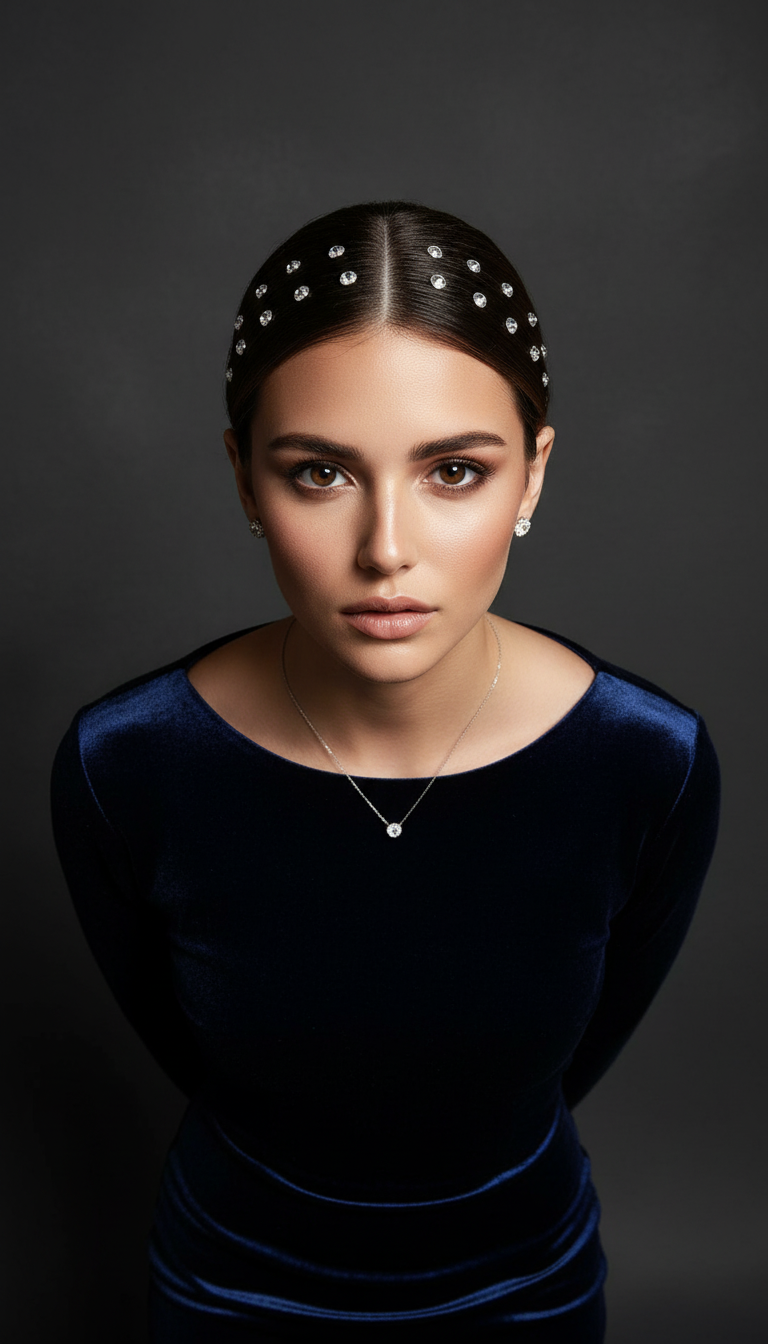 Top-down view of a sleek brunette low bun with a center part lined with varying sizes of stick-on rhinestones, model wearing diamond stud earrings, high-contrast lighting, sharp focus.