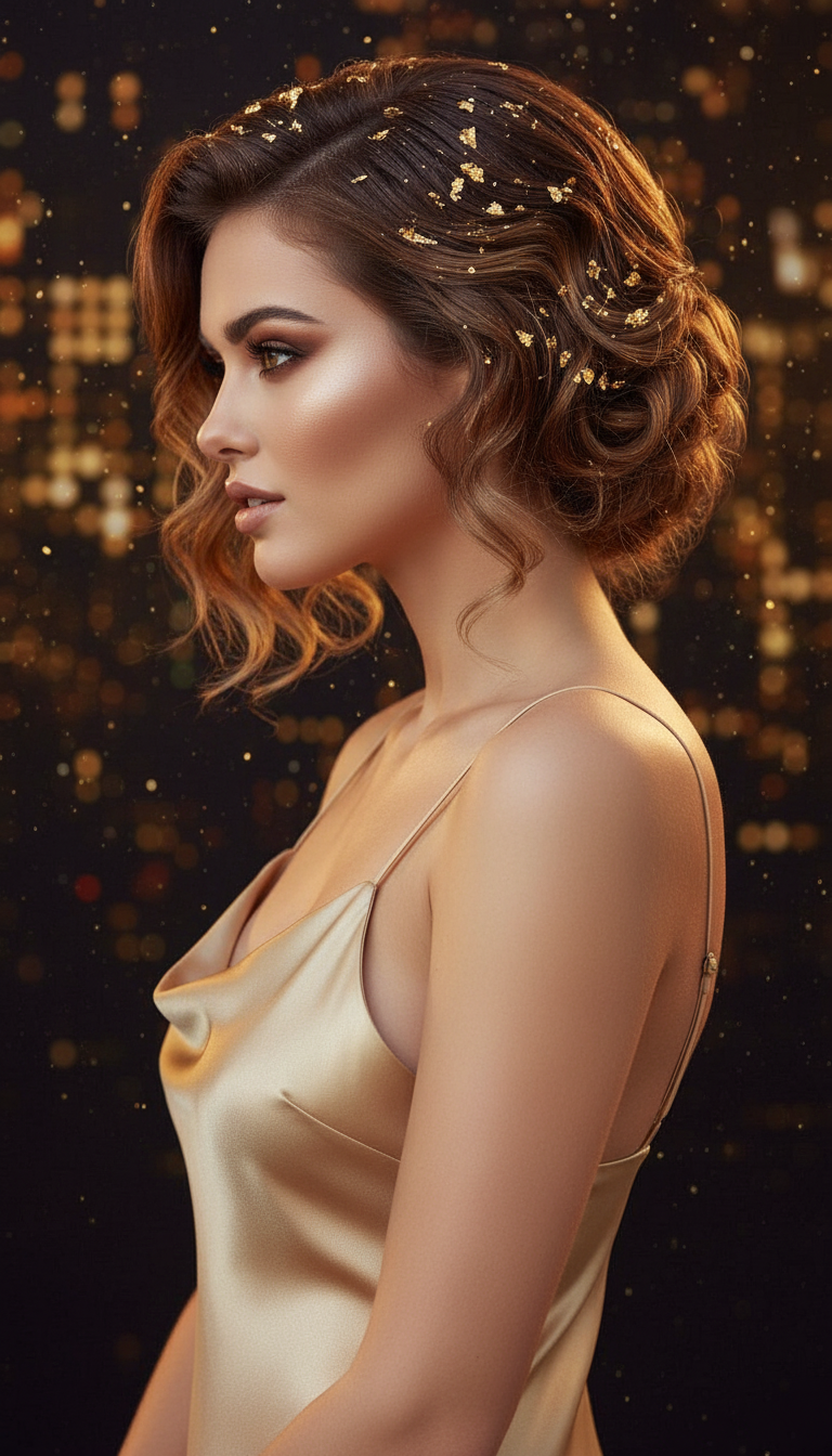 Side profile of a model with wet-look finger waves adorned with flakes of gold leaf, warm golden lighting, wearing a gold slip dress, artistic and avant-garde NYE style.