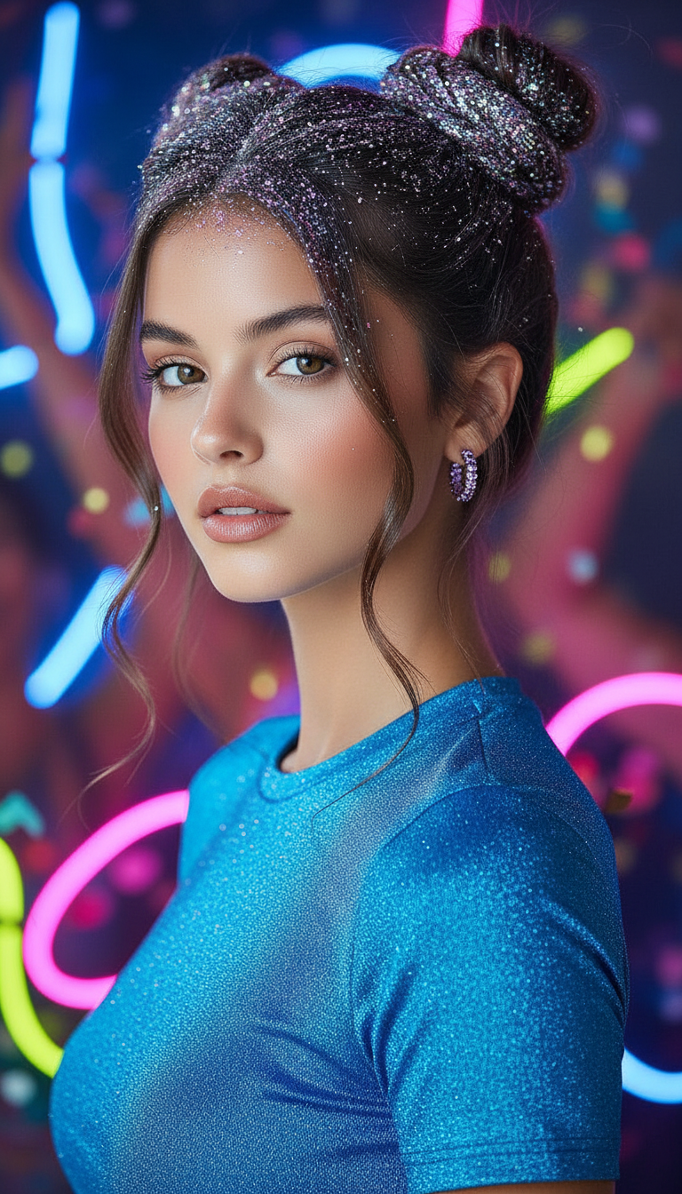 Close-up of double space buns on dark hair, roots covered in chunky holographic purple and silver glitter, vibrant neon party lights in background, festive and energetic atmosphere.