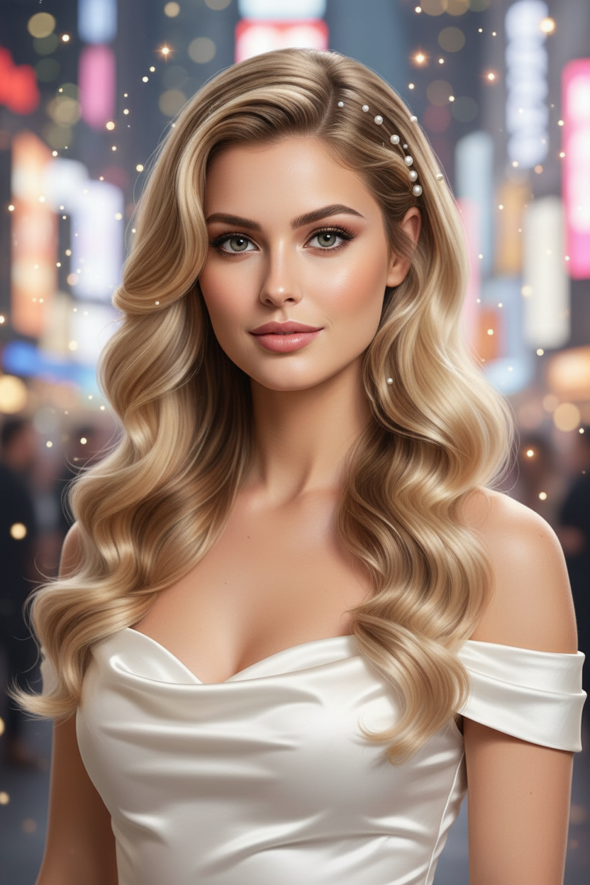 Front portrait of a woman with long, glossy blonde Hollywood waves pinned with scattered white pearls, wearing a white satin off-shoulder dress, soft ethereal lighting, romantic NYE look.