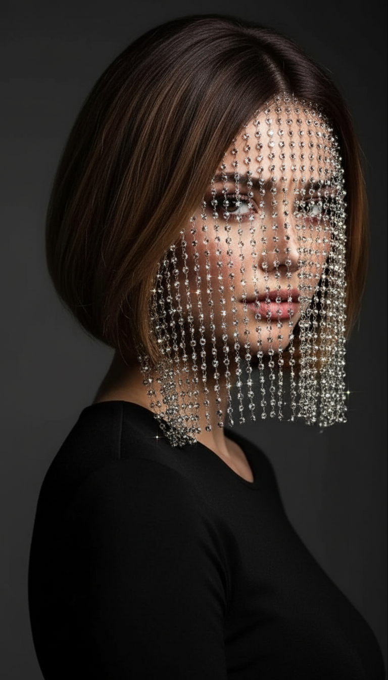 Artistic shot of a model with a short bob wearing a crystal mesh veil headpiece, eyes looking through the sparkle, dramatic moody lighting, high-fashion editorial aesthetic.