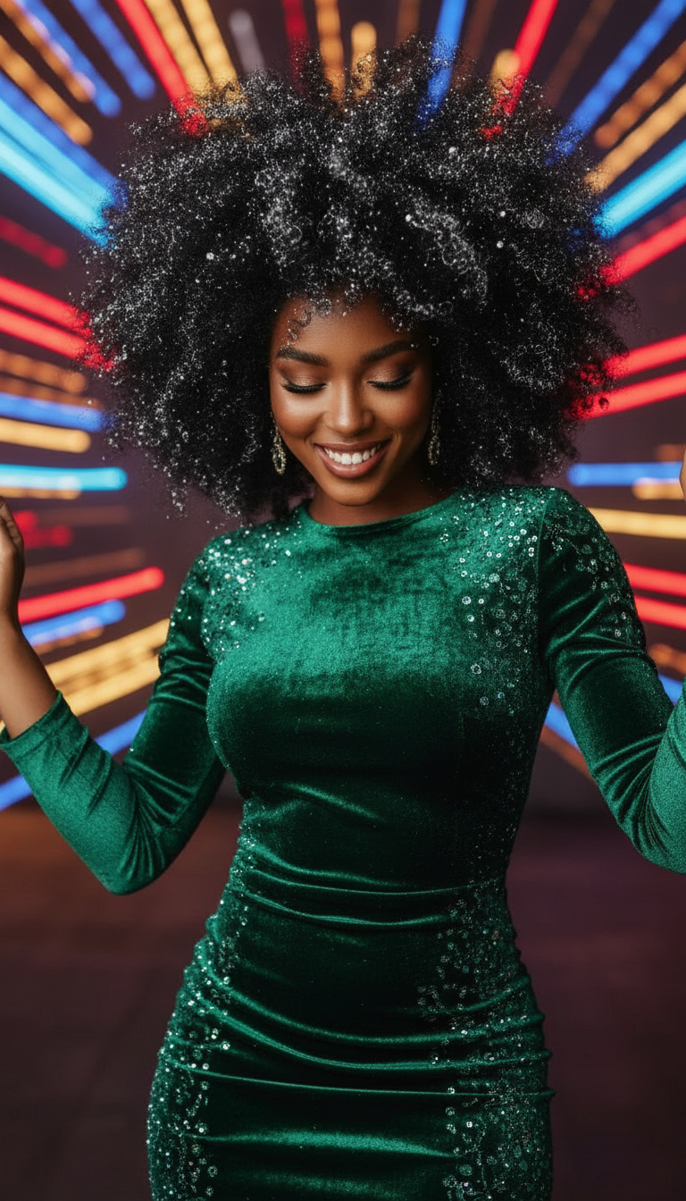 Model with voluminous afro-textured hair sprayed with fine silver shimmer, dancing, blurred motion lights in background, joyous and vibrant holiday party vibe.
