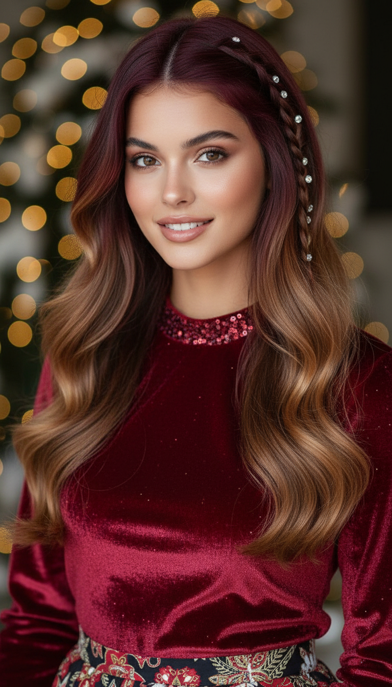 Close-up of a face-framing micro braid adorned with tiny circular crystals, soft focus background, model smiling, fresh dewy makeup, trendy Gen-Z inspired holiday look.