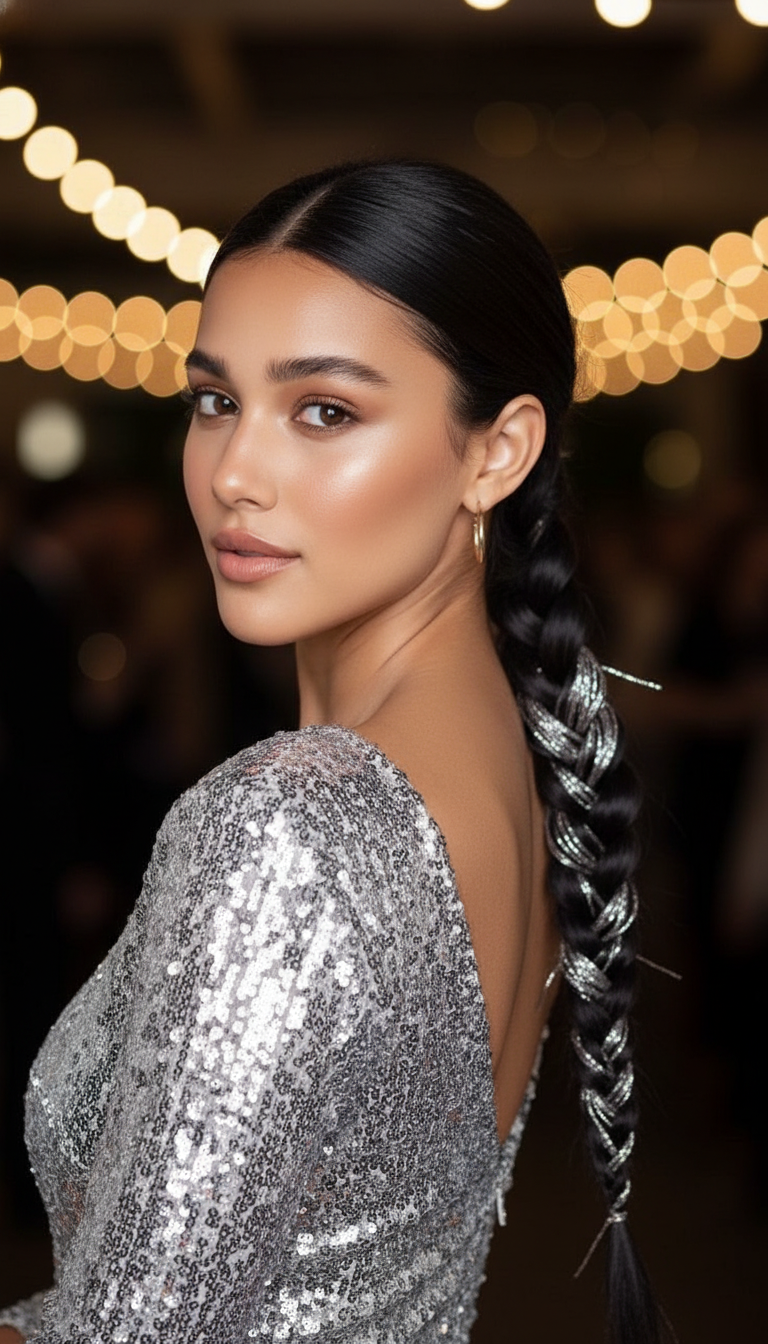Detailed shot of a thick fishtail braid with silver metallic threads woven through, dark hair color, wearing a silver sequin dress, elegant and intricate texture.