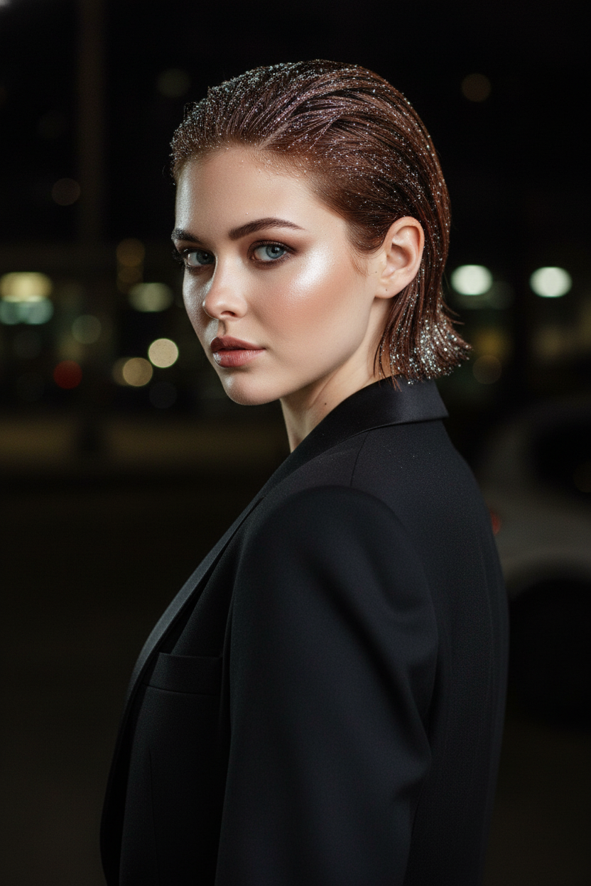 Edgy portrait of a model with slicked-back short hair covered in loose chunky glitter, wet look finish, wearing a tuxedo jacket, sharp flash photography, high-contrast night vibe.