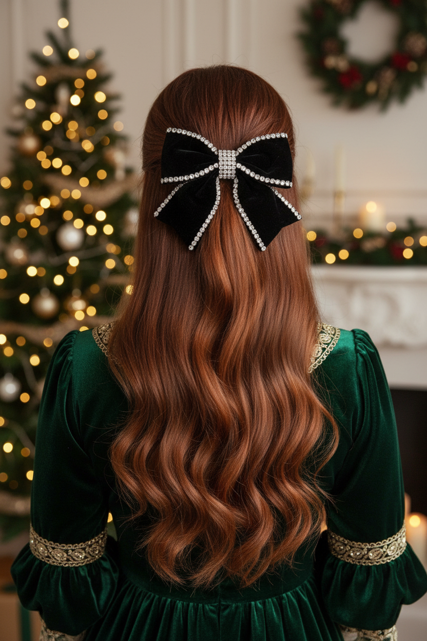 Back view of a half-up hairstyle secured with a large black velvet bow encrusted with rhinestones, long soft waves, festive holiday atmosphere, vintage-inspired luxury.