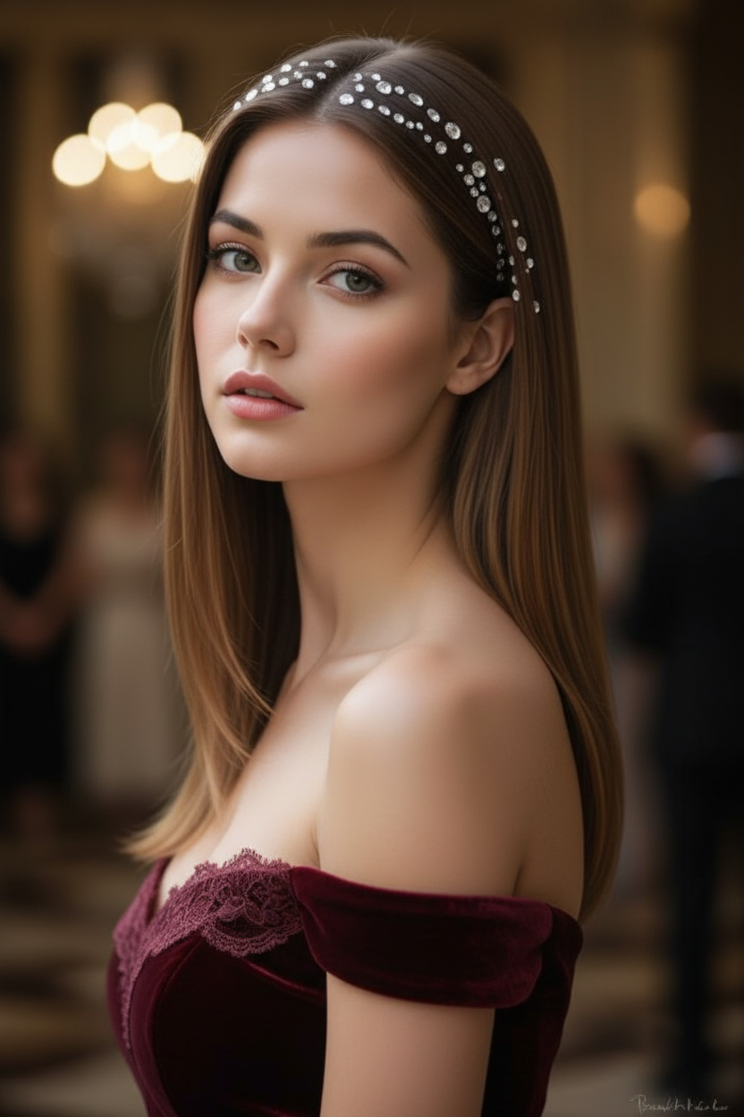 Macro shot of a hair parting line decorated with stick-on rhinestones and crystals, adding sparkle to the roots for a disco-ready style.
