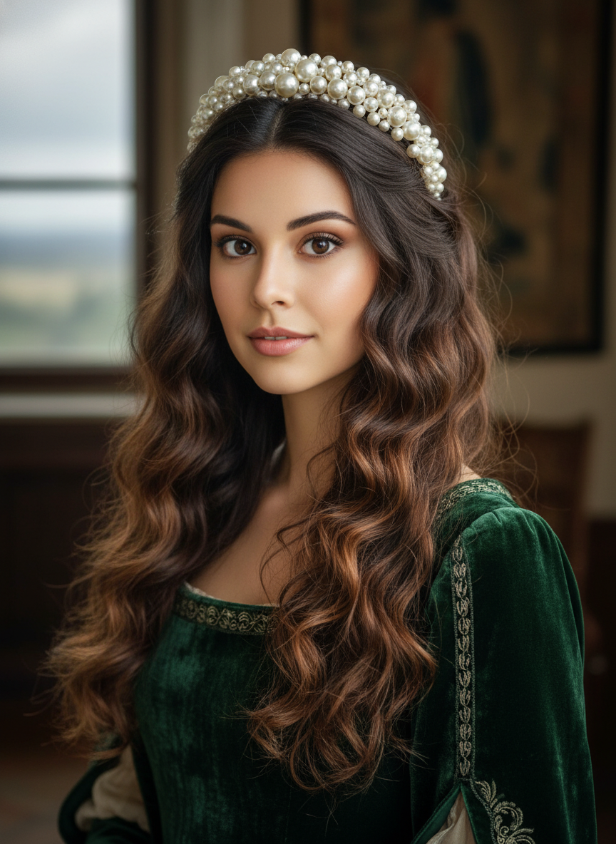 A thick, padded headband encrusted with pearls worn on loose tousled hair, creating a modern renaissance crown effect.