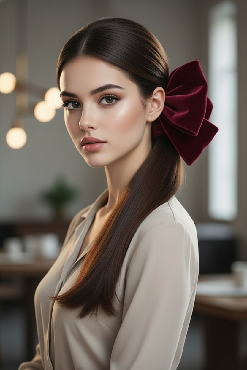 A low ponytail adorned with a massive, deep burgundy velvet bow, showcasing the 2026 accessory trend of opulent textures.