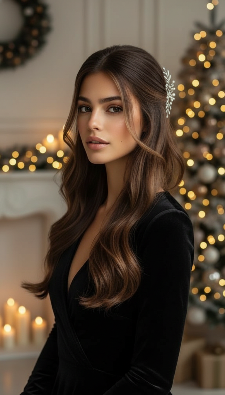 Romantic half-up half-down hairstyle with soft waves, secured loosely at the back, offering a soft and ethereal holiday vibe.