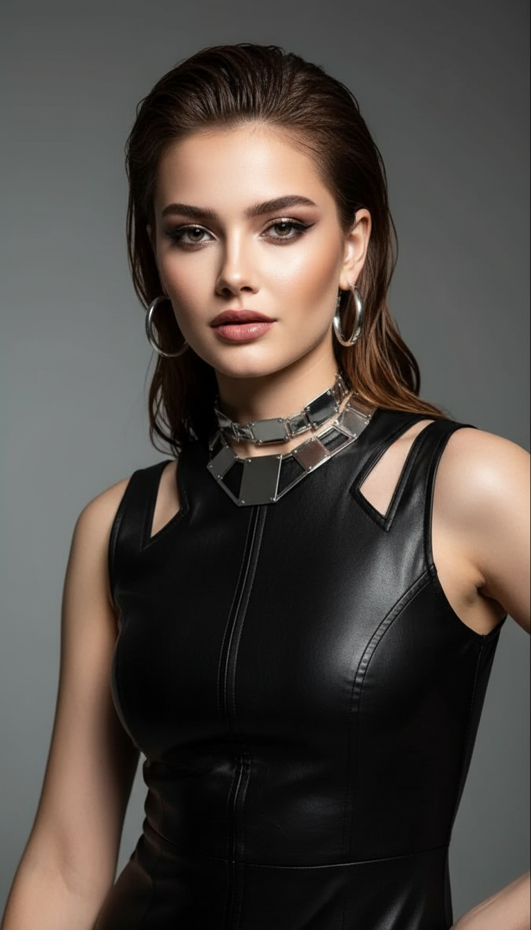 Portrait of a woman with wet-look hair swept back from the face, showcasing bold makeup and gelled texture for a futuristic 2026 vibe.