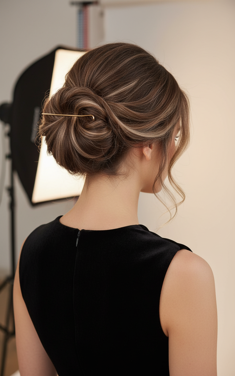 Rear view of a deconstructed modern French Twist hairstyle, secured with a minimalist metal pin, elegant and timeless for holiday parties.