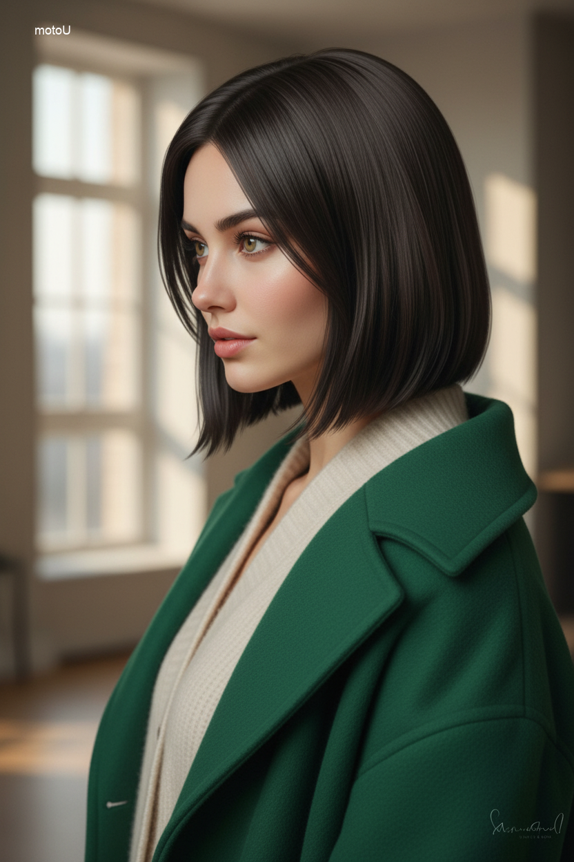 Medium length straight hair with face framing layers, shiny liquid hair texture, sleek minimalist hairstyle 2026.