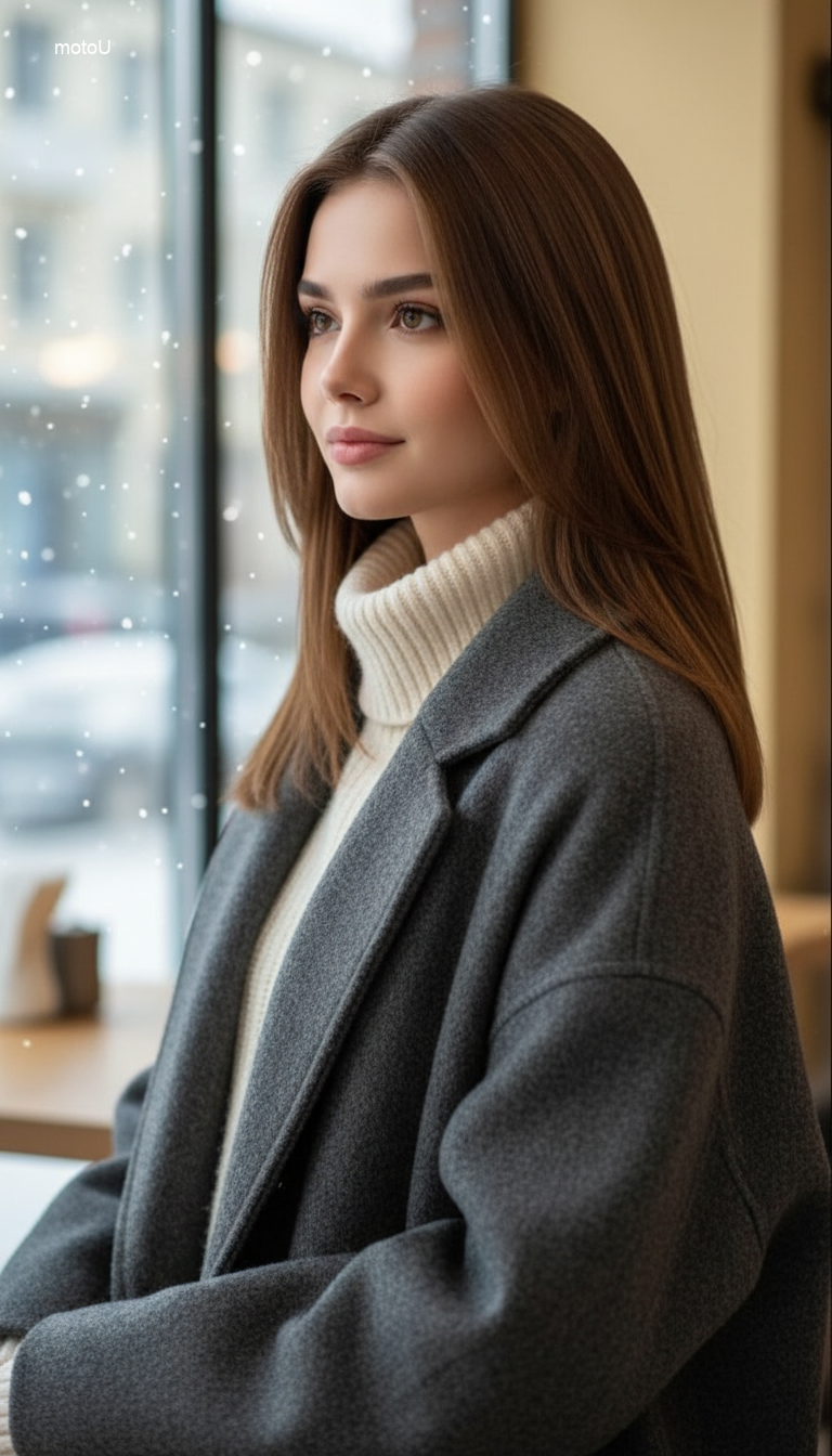 Sleek medium layered haircut with side part, 90s minimalist face framing layers, straight brown hair.