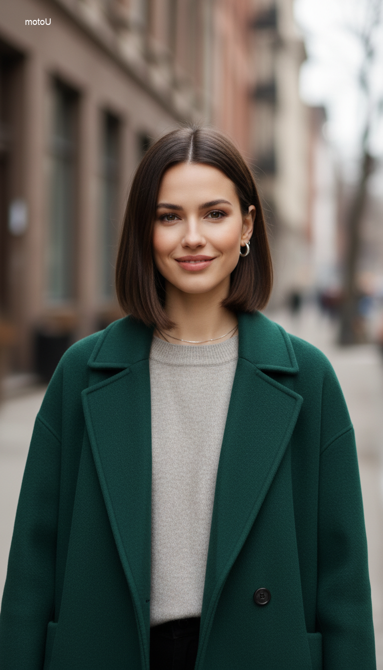 Street style woman with shoulder length sleek straight hair, blunt ends with soft layers, dark hair trends Winter 2025.