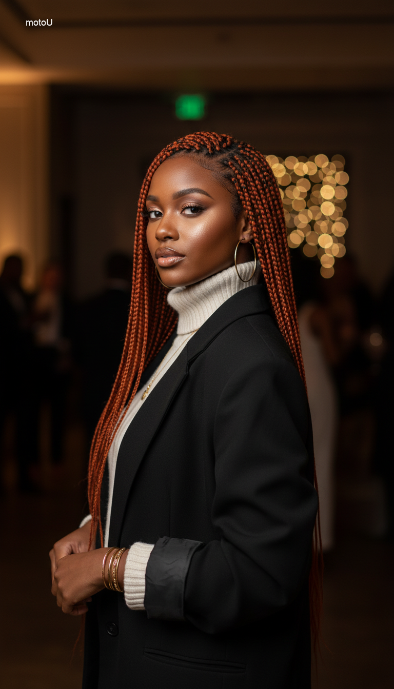 Black woman wearing vibrant ginger knotless braids looking over shoulder.