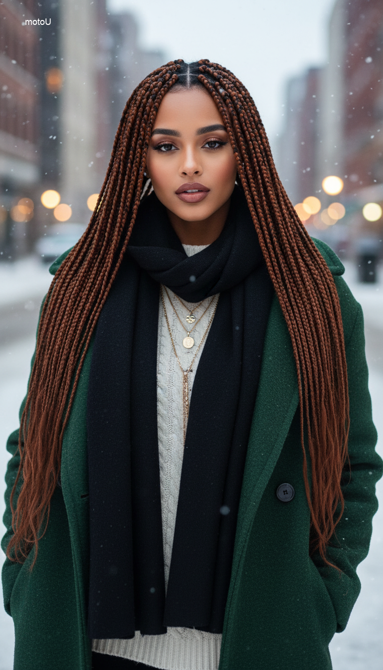Long knotless braids in custom mixed copper and brown color blend.
