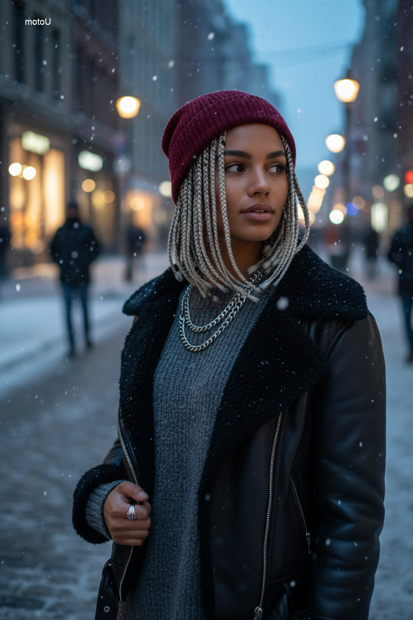 Edgy platinum blonde box braids bob cut on dark skin.