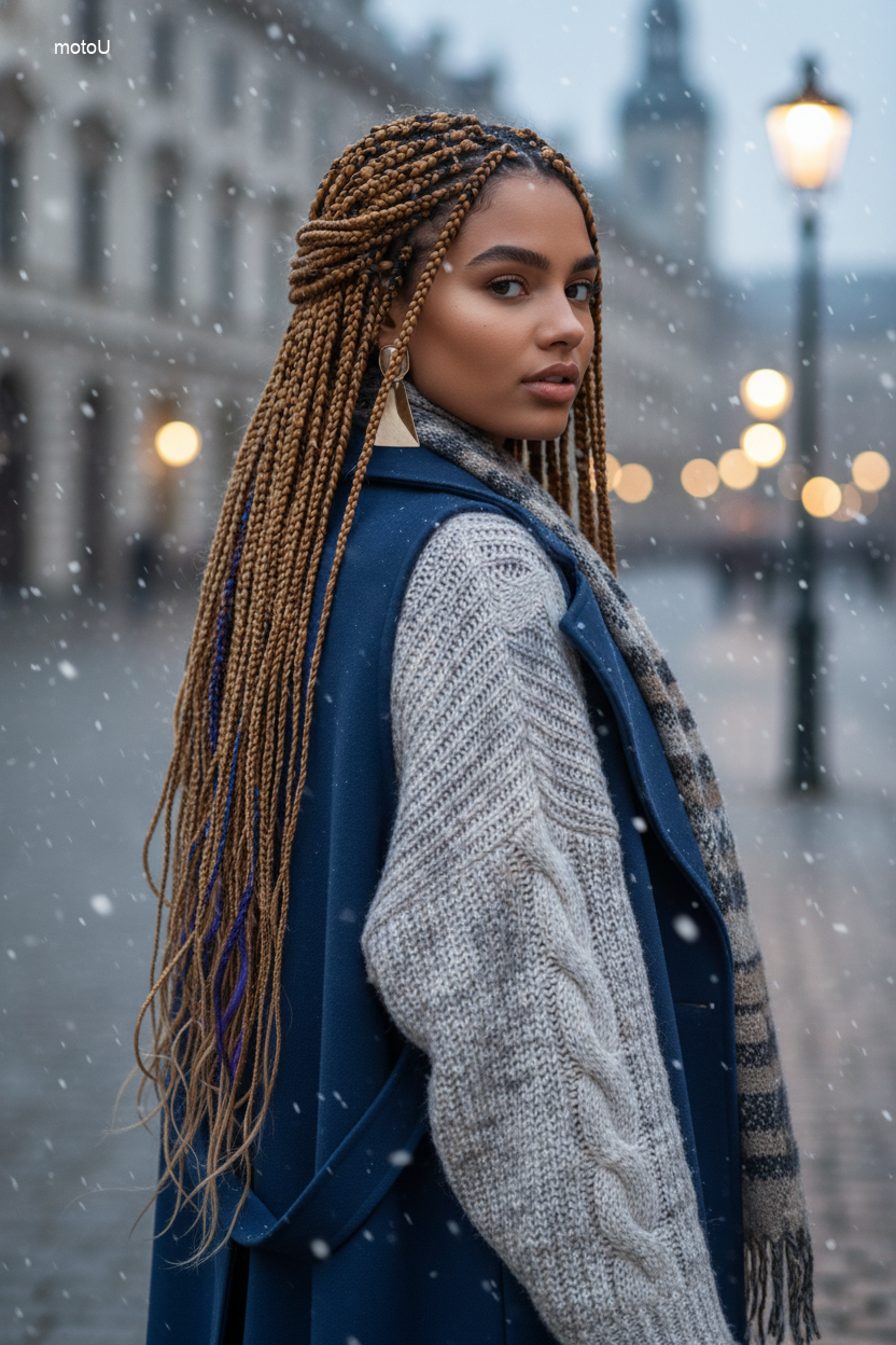 Goddess braids with hidden blue and purple highlights underneath.