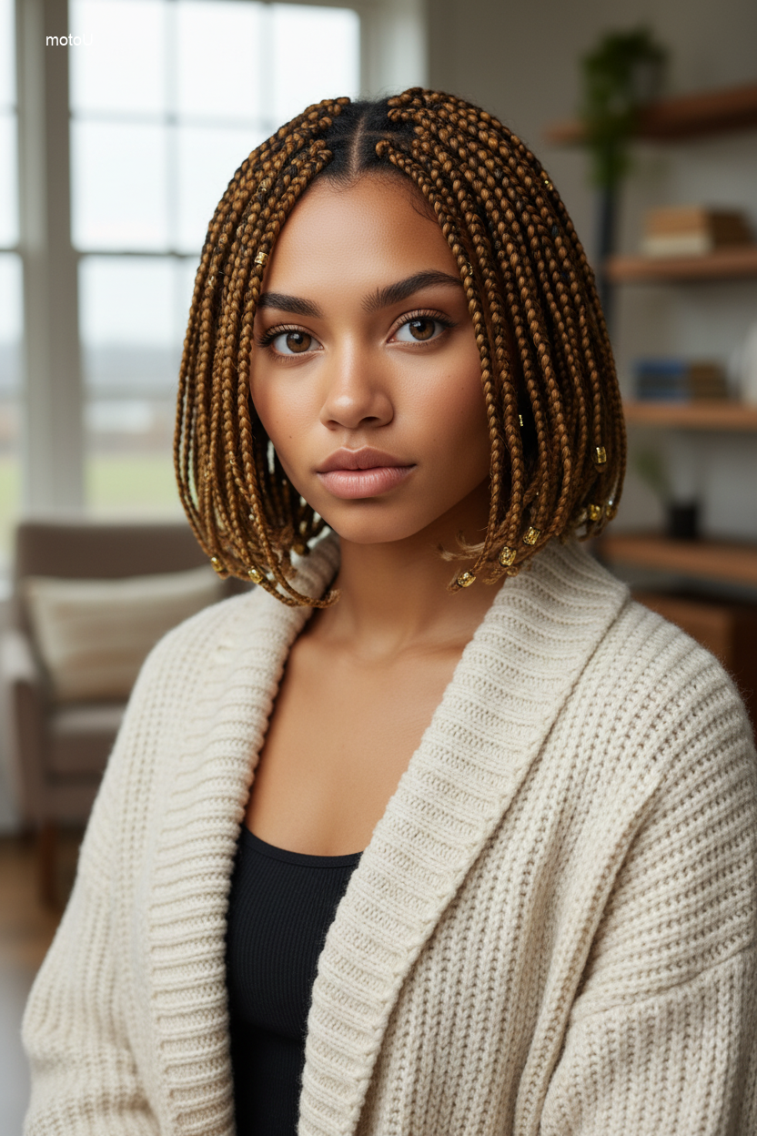 90s inspired short box braid bob with gold beads styling.