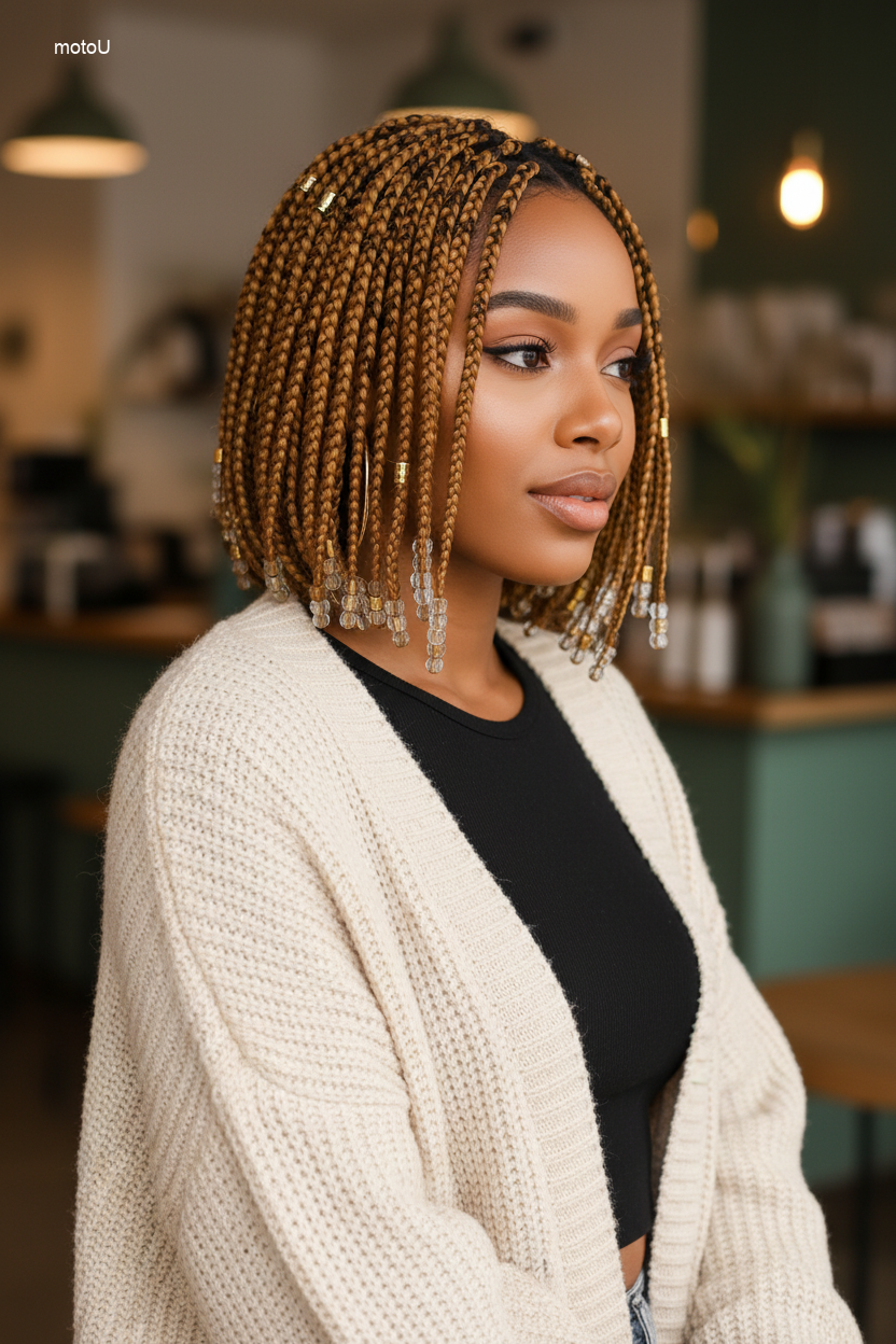 Braided bob with clear beads and gold accessories at the tips.