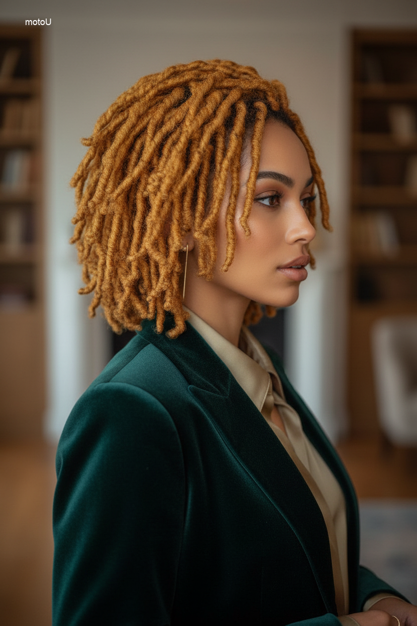 Short butterfly locs bob with volume and texture.