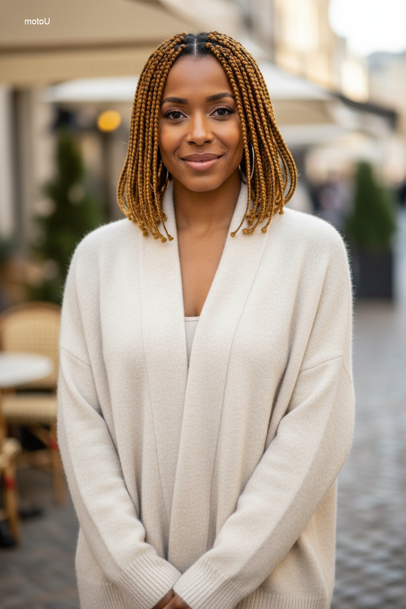 Blunt cut shoulder length knotless braids without beads.