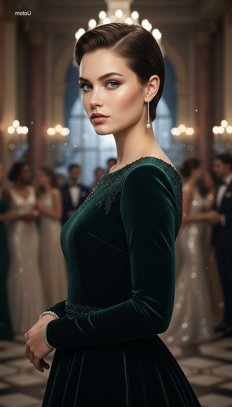 Woman with a sleek, slicked-back pixie cut featuring a wet, glass-like finish for Prom 2026.