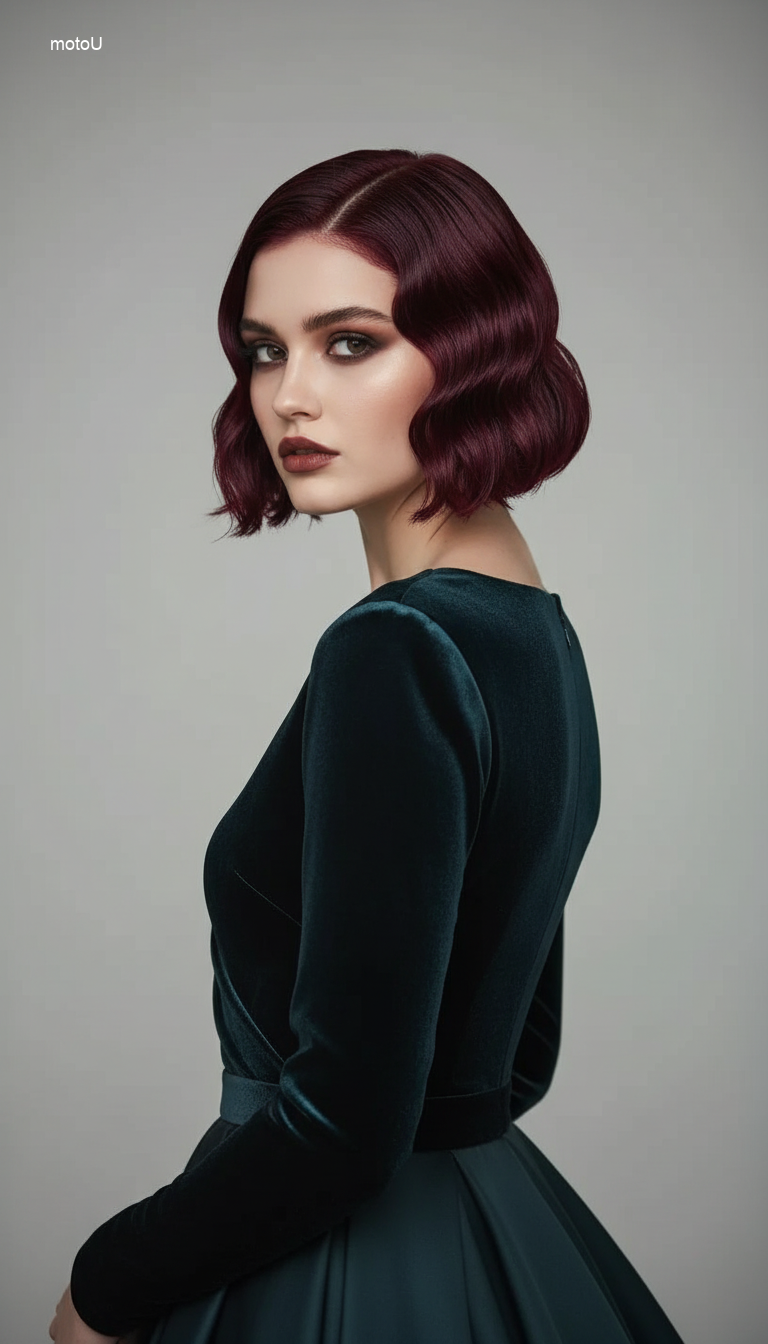 High-fashion wet look finger waves on short hair, styled for a formal gala event.