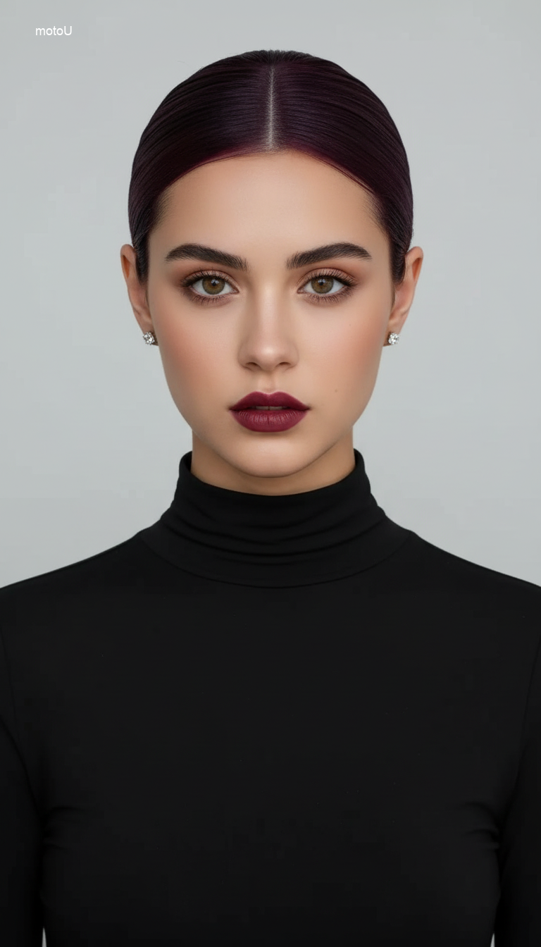 Close up of woman with sleek wet-look bun hairstyle for 2026 holiday party, diamond earrings, luxury minimalist hair trend.