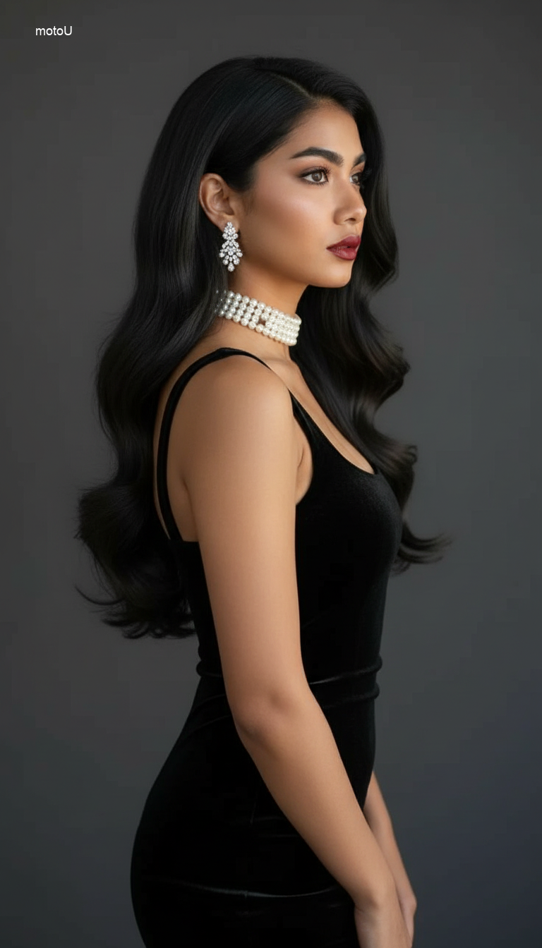 Woman with long dark glossy Hollywood waves hairstyle, wearing black velvet dress, vintage glamour 2026 winter trend.