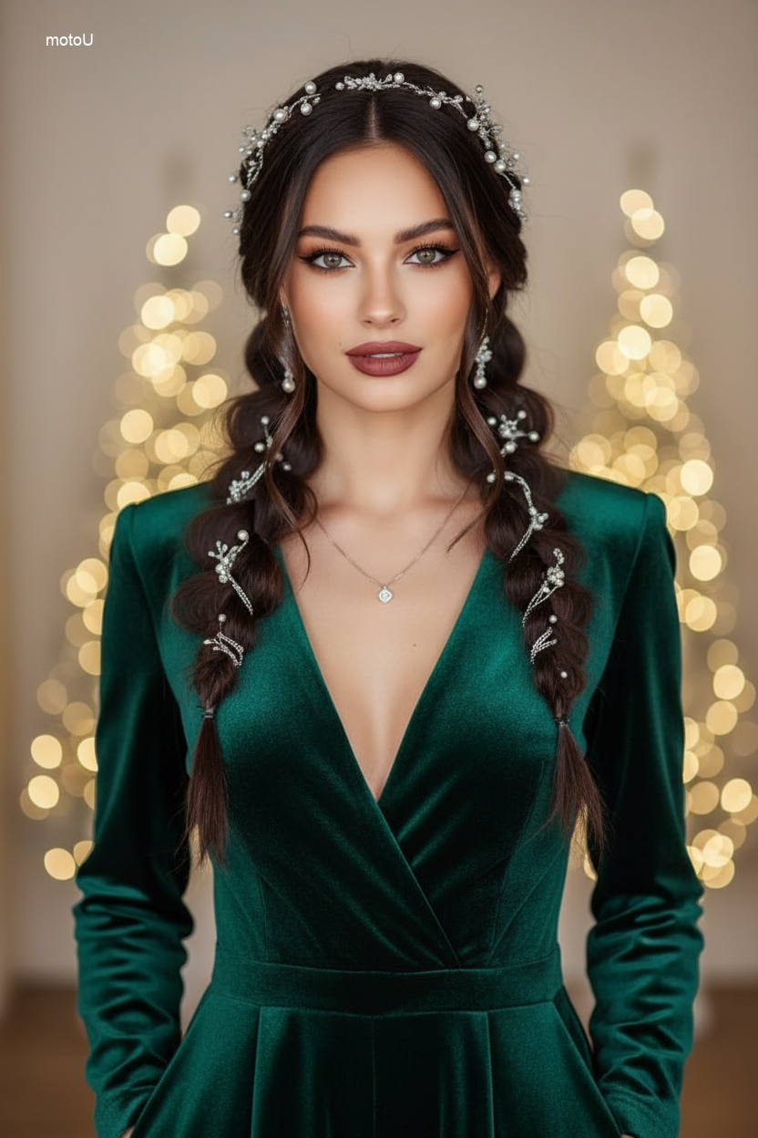 Messy braid hairstyle intertwined with pearls and silver chains, intricate holiday party hair accessories 2026.