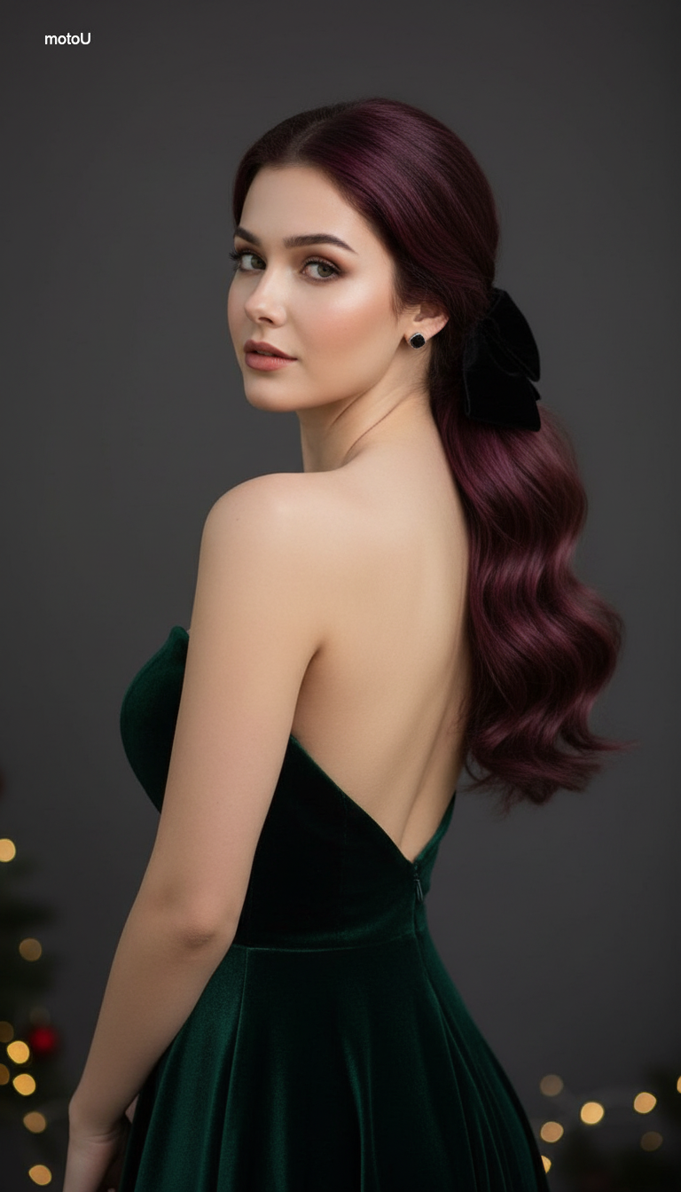Back view of woman wearing oversized black velvet bow on low ponytail, elegant Christmas party hairstyle.