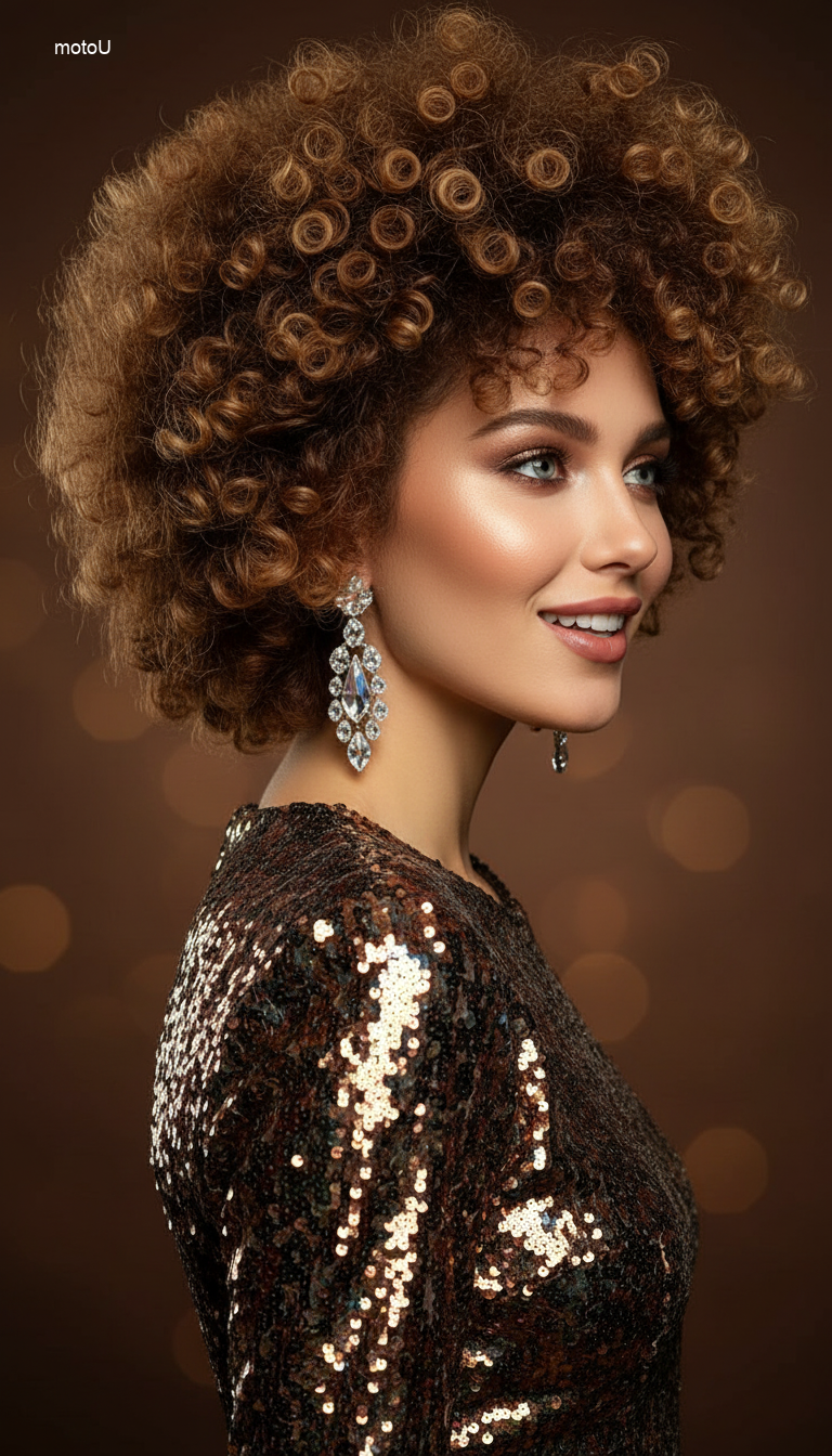 Woman with voluminous fluffy disco curls, sequin dress, energetic holiday party vibe, trendy hairstyles 2026.