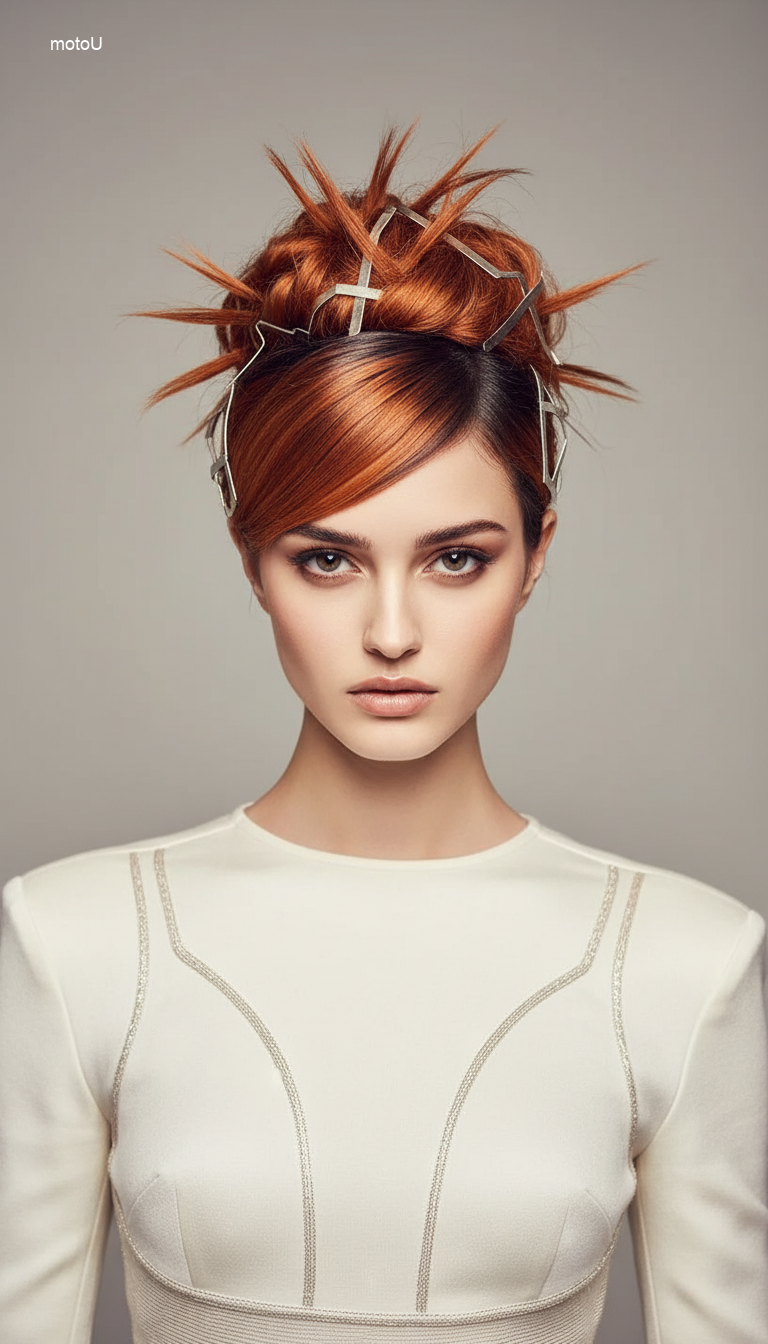 Woman with slicked-back spiky bun hairstyle, silver hair accessories, edgy futuristic holiday party look 2026.