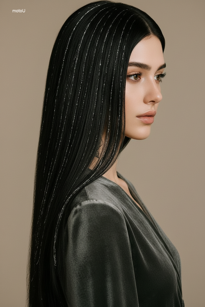 Long dark straight hair with subtle silver tinsel strands, shimmering holiday hairstyle trends.