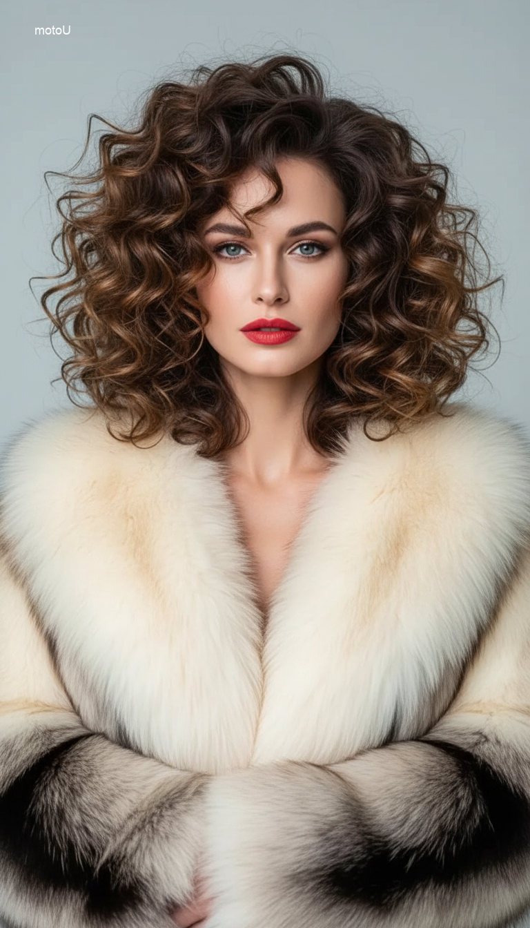 Voluminous 90s supermodel blowout hairstyle, glamorous faux fur coat, luxury winter party vibe.