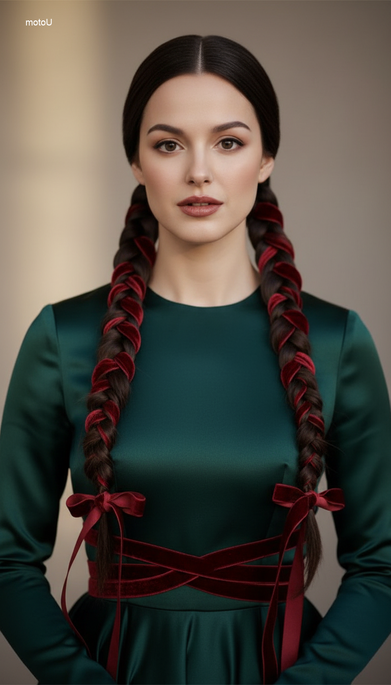 Intricate twin braids laced with red velvet ribbon, corset style hair weaving, romantic Christmas hairstyle.